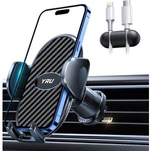 YRU Phone Holders for Your Car [2026 Upgraded Military Metal Hook], Cellphone Holder Car[No Fear of Bumps] Vent Phone Mount Truck Compatible with iPhone17 16 15 14 13 12 Samsung Android, Gloss Black