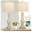 29" Farmhouse Table Lamp for Living Room Set of 2,Vintage Bedside Lamps with USB C+A Ports & AC Outlet,3-Way Dimmable Touch Control White Washed Finish Nightstand Lamp for Bedroom,Beige
