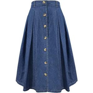 Pleated A-line Midi Skirt Elastic Waist Button Front Casual Flared Long Skirts with Pocket for Women (Denim(dark Blue)) S