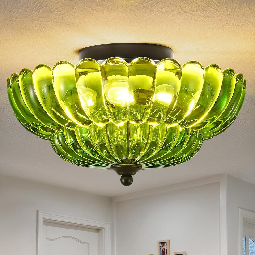 Modern Black Ceiling Light Fixture, 12" Green Glass Flush Mount Chandeliers, Semi Flush Mount Ceiling Light Fixture Suitable for Living Room Hallway Kitchen Bedroom