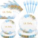 96 PCS Baby Shower Plates and Napkin Set -Serve 24, Oh Baby Boy Shower Tableware Set Includes Blue Baby shower Paper Plates Napkins & Forks for Boy Birthday Party