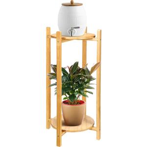 DoubleFill Water Dispenser Floor Stand Water Jug Stand with 2 Round Shelves, 26'' Bamboo Holder for Bottles, Crocks, Plants, Easy Assembly with Included Hardware(Wood Color)