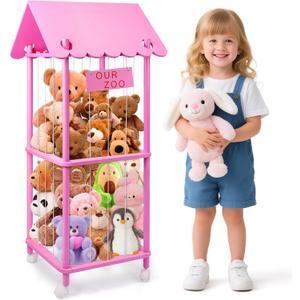 Stuffed Animal Storage Zoo with Wheels, Large Wooden Stuff Animals Plushies Holder Space Save Toy Organizer, Kids Toddlers Plush Storage Cage for Nursery Playroom Kidroom Bedroom