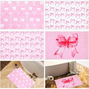 Maasechs 4 Pcs Christmas Pink Bow Bathroom Mat 16 x 24 Inch Coquette Bath Mat Room Decor Non Slip Absorbent Pink Bow Rug Washable Nonslip Doormat for Front Door Outdoor Housewarming Gift
