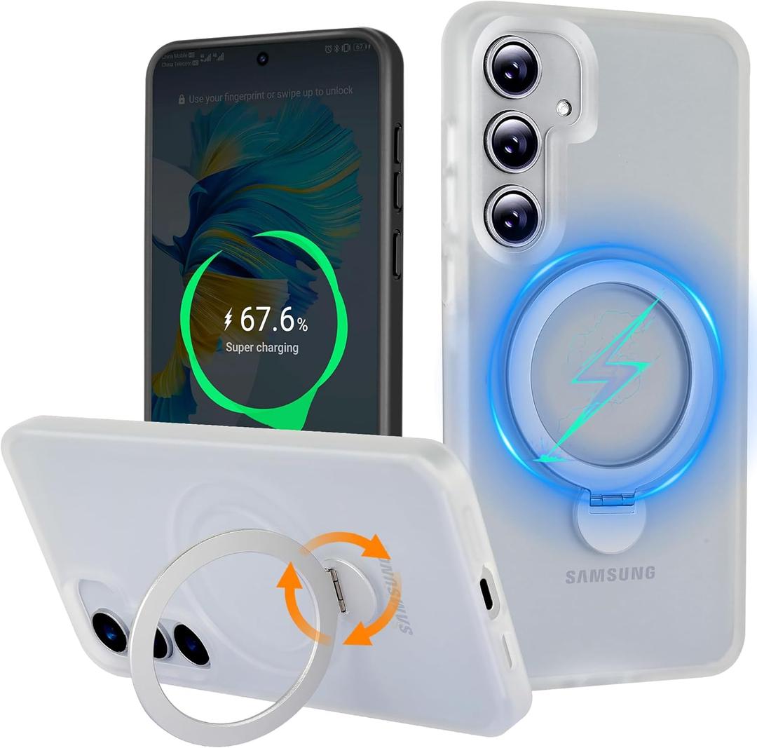 Phone Case for Samsung Galaxy S24 Plus 6.7 inches, 360 Rotatable Magnetic Ring Stand [Compatible with MagSafe] [Military Grade Protection] Shockproof Phone Covers for Women Men(White)