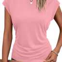 Bliwov Womens Summer Tops Cap Sleeve Crew Neck T Shirts Spring Trendy Fashion Outfits Business Beach Vacation Blouses Clothes Pink (Pink, L)