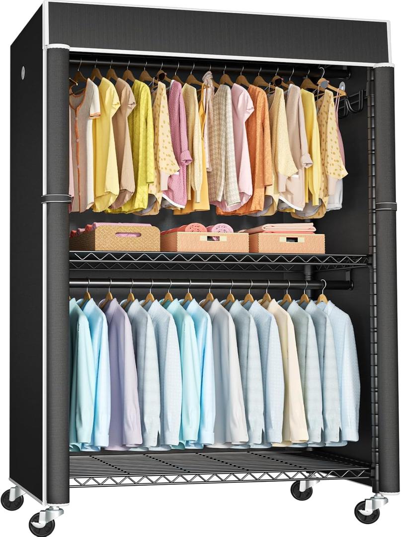 FUTASSI Black Clothing Rack with Black Cover, P1C Plus Rolling Closet with Wheels, Metal Garment Rack for Hanging Clothes, Clothing Storage Wardrobe, 46" W x 18.5" D x 80.7" H, Load 524 Pounds