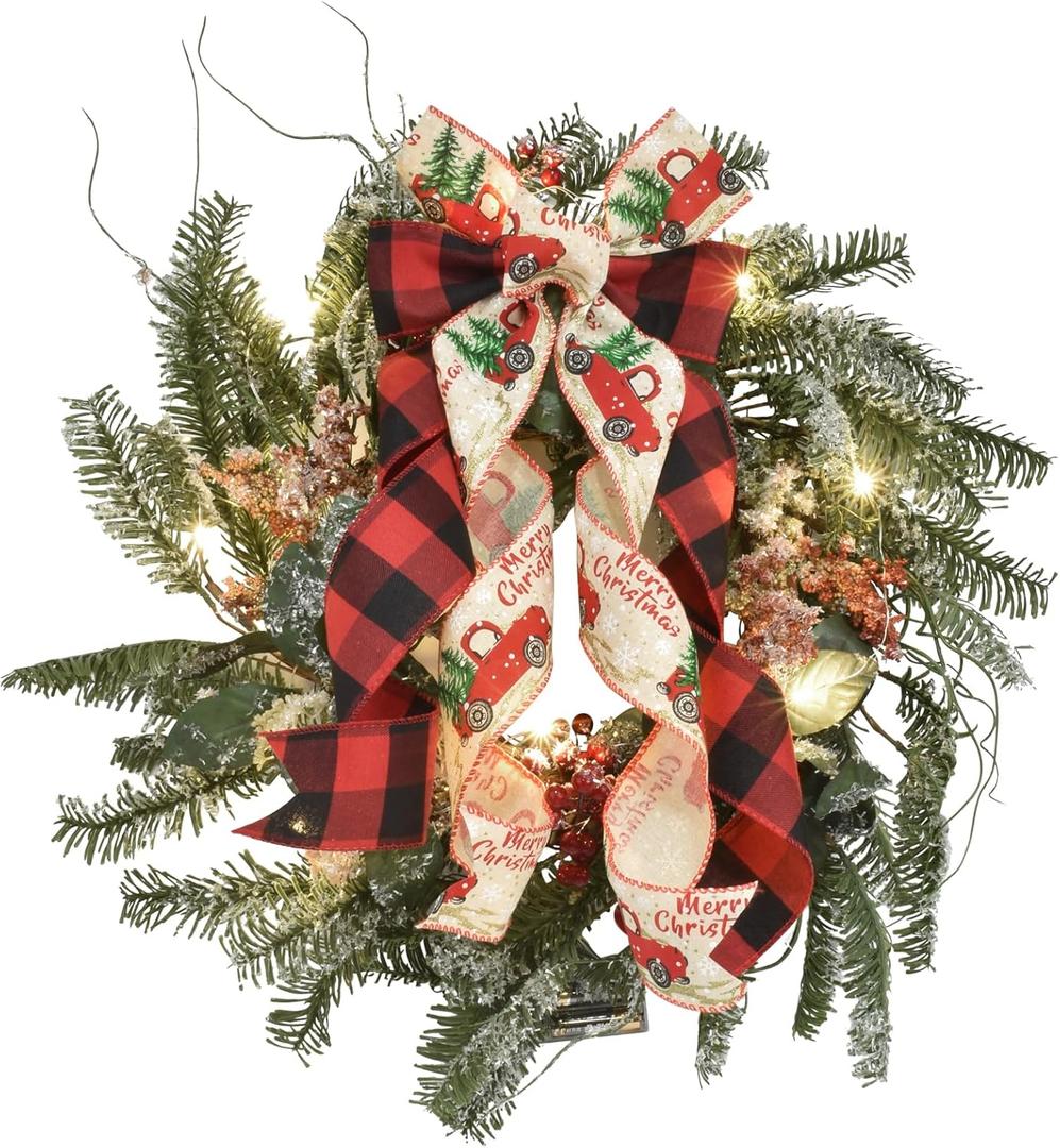 Christmas Wreath with Lights, 18 Inch Lighted Outdoor Christmas Wreath - Prelit Winter Xmas Door Wreath with Berry, Pine Leaf for Thanksgiving Holiday Wall Window Decorations
