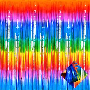4 Pack 3.2Ft x 8.2Ft Rainbow Foil Fringe Curtain Backdrop, Metallic Tinsel Foil Fringe Streamers Curtains Background for Photo Booth, Birthday, Wedding, Disco, Bachelorette, Christmas Party Decoration (Macaron Dark Rainbow)