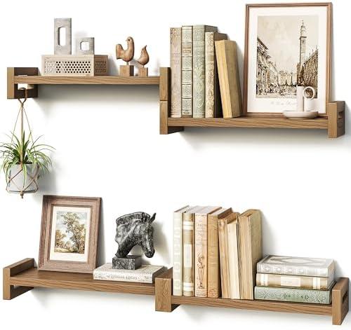 Vailando Set of 4 Natural Poplar Floating Shelves with Natural Grain - Wall Shelves for Living Room, Bedroom, Kitchen - Strong Load Capacity Holds 50lbs/Shelf - 16 Inch