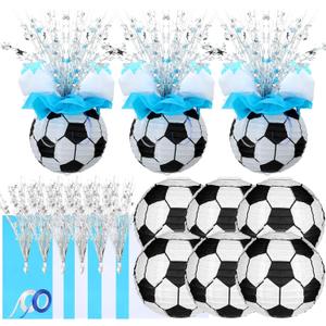Rossesay 26 Pieces Soccer Ball Lantern Centerpieces Decorations Soccer Centerpieces Supplies with Metallic Foil Spray Centerpiece Wrapping Paper and Ribbons for Soccer Birthday Party Decorations