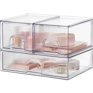 HBlife Stackable Clear Acrylic Storage Drawer Organizer - Set of 3 Makeup and Bathroom Storage Bins - Versatile for Vanity, Undersink, Kitchen, and Office Organization