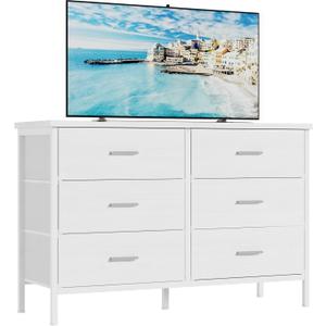 BOLUO White Dresser for Bedroom 6 Drawer, Wide Dresser TV Stand for 50" TV Dressers & Chests of Drawers Fabric Dresser for Closet Modern
