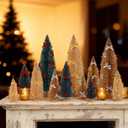 Soaoo 12 Pack Bottle Brush Christmas Trees with Bow 5 6 8 10 Inches Artificial Christmas Tree Decorations with Wood Base for Winter Snow Miniature Scene Tabletop Decor (Green, Gold, Ivory)