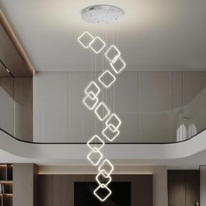 H 138 LED Ring Chandelier 15-Lights Chandeliers for High Ceiling Large Pendant Light for Foyer Villa Living Room Entryway (Silver Square)