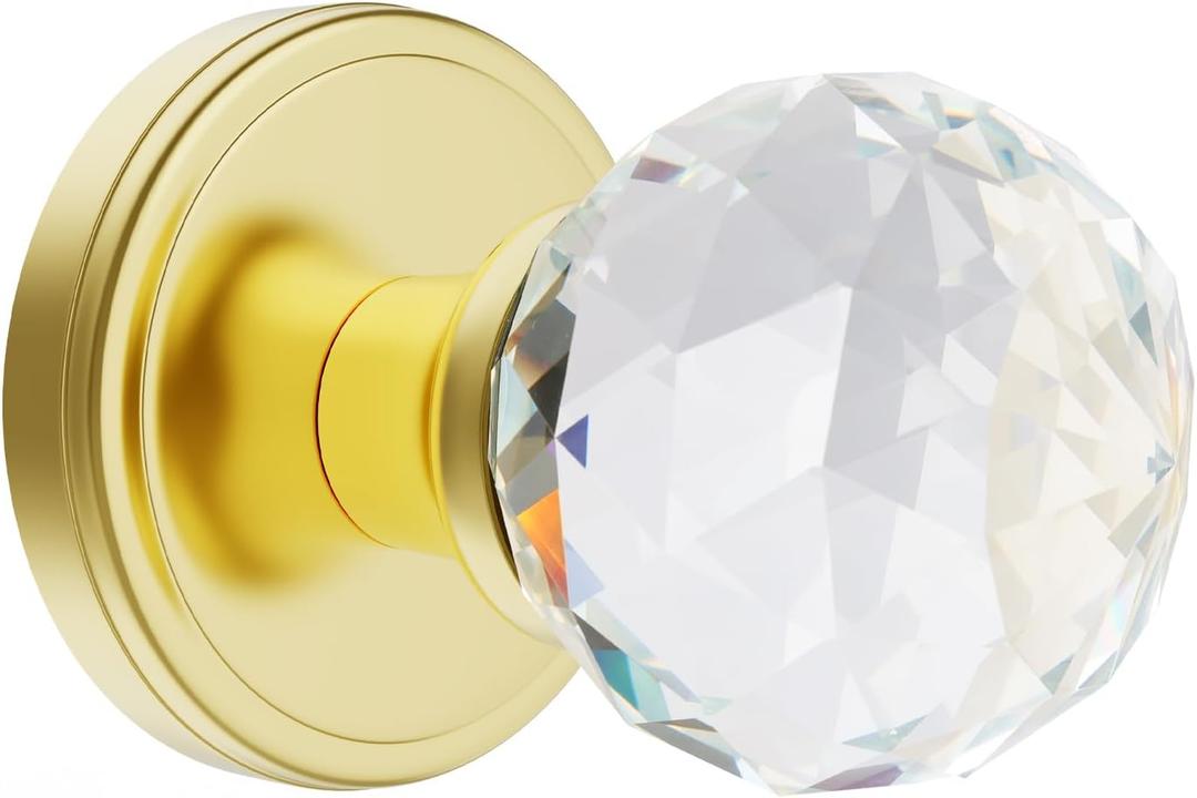 Crystal Glass Door Knobs Interior, Passage Round Gold Door Knobs for Hall and Closet, Polished Brass