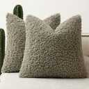 Faux Fur Throw Pillow Covers 20x20 Inch Set of 2 Boucle Neutral Decorative Sherpa Fuzzy Accent Soft Sheepskin Fleece Cushions Modern Home Decor for Couch Sofa Bedroom Living Room,Sage Green