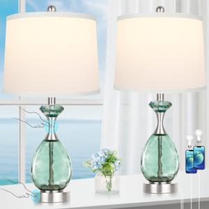 Hamucd Coastal Glass Table Lamps Set of 2, 3-Way Dimmable Touch Control Nautical Lamp with USB A+C Ports,Bedside Lamps Beach Decor, Modern Nightstand Lamps with 2 LED Bulbs for Bedroom Living Room