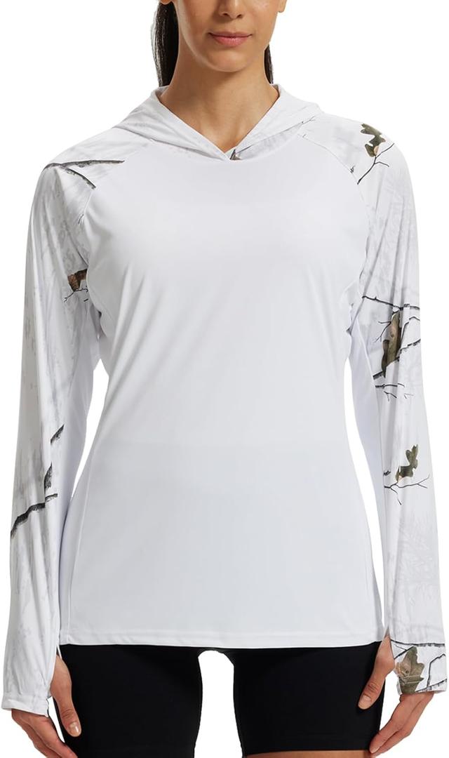 LOOGU Women's UPF 50+ Sun Protection Hoodies Shirts Slim Fit Long Sleeve Lightweight Quick Dry UV Fishing Hking Outdoor (White, L)