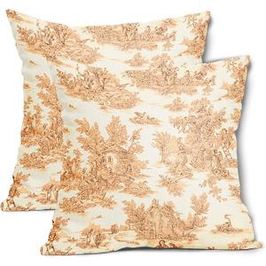 aportt French Country Pillow Covers Set of 2 18x18 Inch Vintage Toile Blue Cotton Linen Polyester Decorative Throw Pillow Case Cushion Cover for Bedroom Sofa Living Room Couch Chair Office, Orange