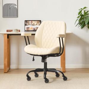 YFO Home Office Desk Chair Office Rubber Casters Ergonomic Computer Chair with Lumbar Support Adjustable Height Rolling Swivel Executive Task Armrests Chair Cream Leather (Mid Back)
