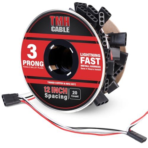 TMH 20 Count of “3-Prong Female” Wire Harness Roll 18 Gauge - 12" Spacing Extra Long, Triple Female Bullet Plug for LED Marker Clearance Lights Quick Hassle-Free Installation
