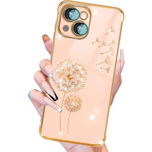 Petitian iPhone 14 Plus Case, Cute Women Girls Bling Glitter Dandelion Designed Phone Case, Girly Gold Plating Phone Cover with Camera Protection (Sparkle Dandelion-Pink)
