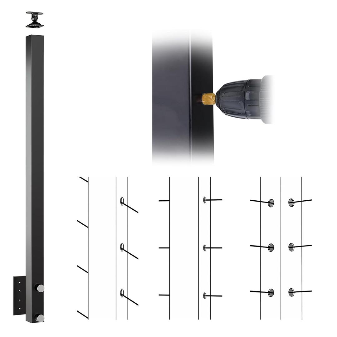 Muzata Aluminum Black Side Mount Cable Railing Post 36 Inch 36"X2"x2" Undrilled Space-Saving Cable Railing System Kit Indoor Outdoor Seaside with Paper User Guide PW01 BNAS