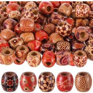 WILLBOND 130 Pieces Macrame Wooden Beads 10mm Hole Loose Beads with Hole for Macrame Making Kits Supplies Jewelry Bracelet Making Hair DIY Craft Handmade Decor(Mix Color, Pattern)