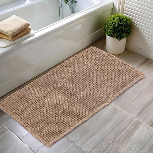 Hughapy Waffle Bath Mats, Boho Bathroom Rugs, Upgraded Waffle Design Super Absorbent, with Fringe and Back Rubber Non-Slip Carpet, Ultra Soft Machine-Washable Bathroom Mat (Brown, 36 inch x 24 inch)