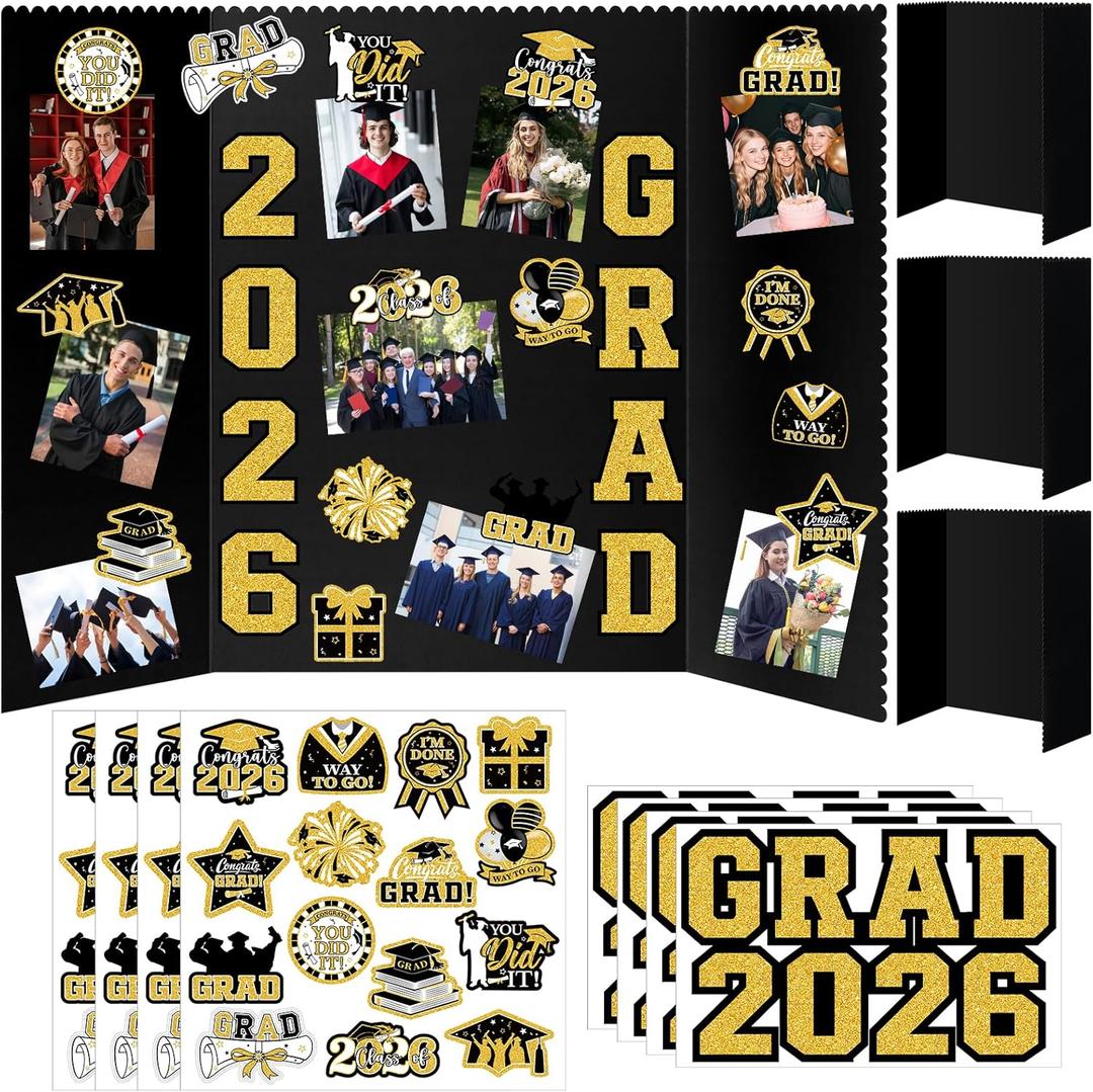 4 Set Graduation Photo Display Board, Class of 2026 Black Gold Trifold Poster Board with Grad Pattern Stickers, Graduation Photo Props Collage for Multiple Pictures Party Decorations, 16x24 Inch