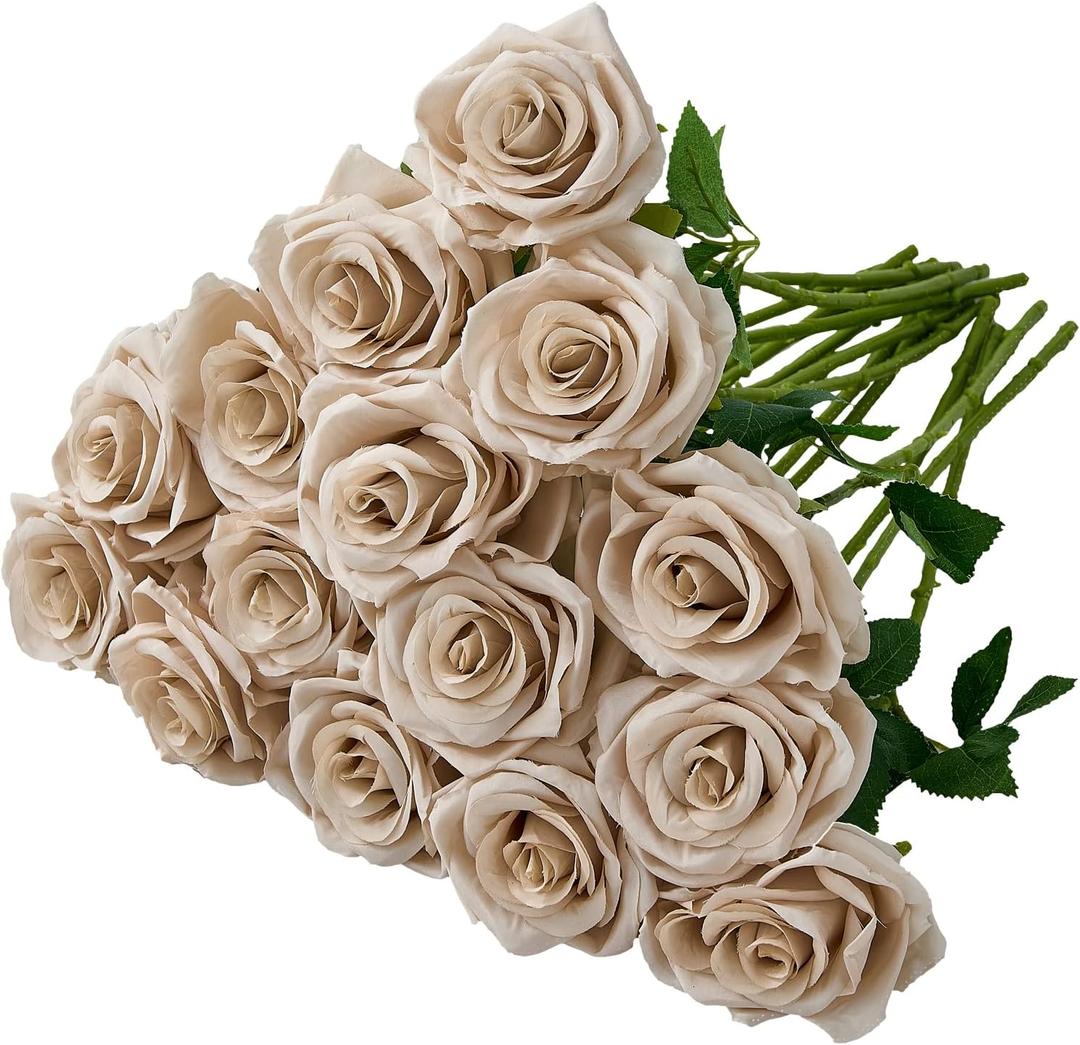 15pcs Fake Roses Artificial Silk Flowers Nude Faux Rose Flower Long Stems Bouquet for Arrangement Wedding Centerpiece Party Home Kitchen Decor 