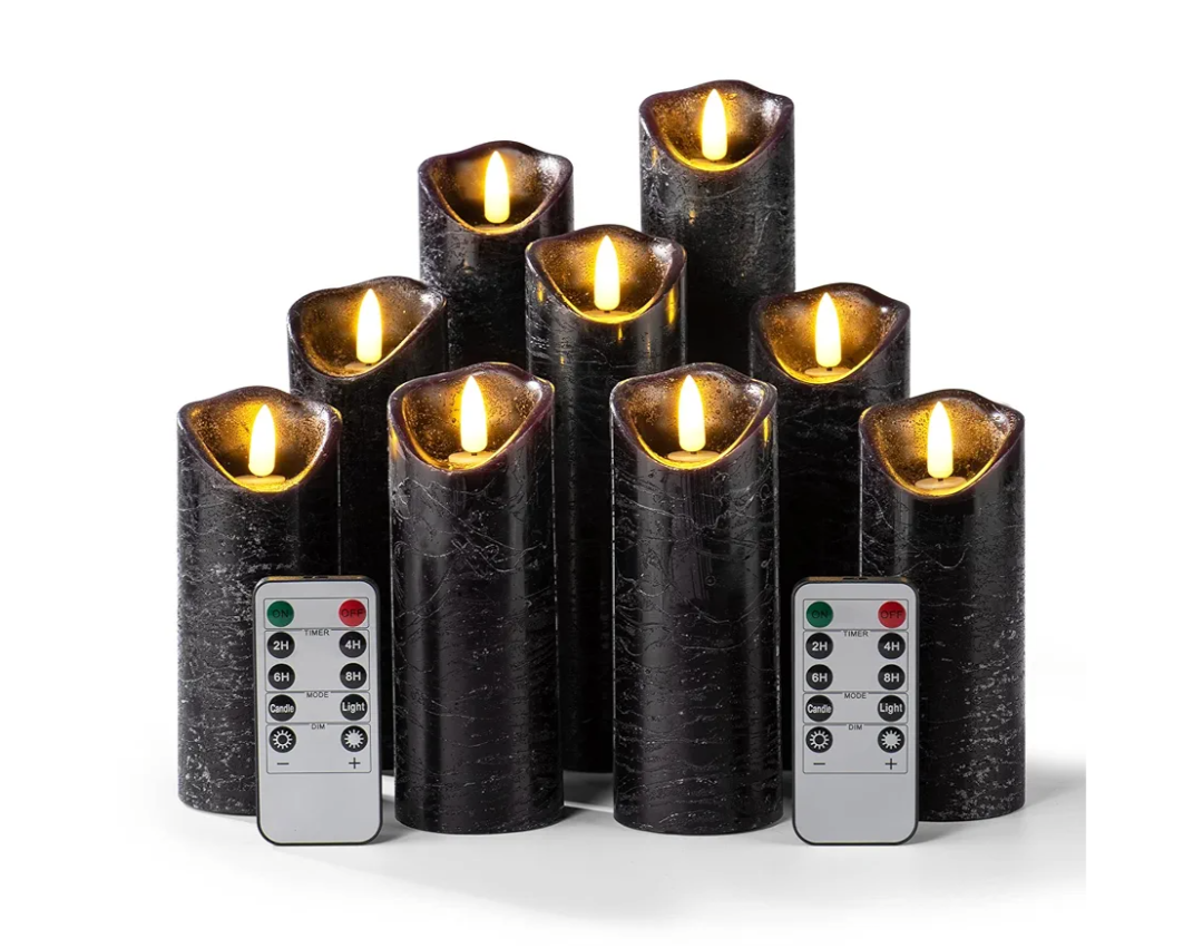 Hausware Set of 9 Flameless Candles Battery Operated LED Real Wax Flickering Electric Candles with Remote Control Timer for Wedding Birthday Halloween Christmas Decorations (Black Color)