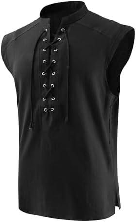 SYQBR Mens Medieval Pirate Lace-up Sleeveless Shirt, Renaissance Viking Stand Collar Top, Steampunk Gothic Costume Tunic L