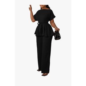 Women's 2 Piece Outfits Suit Set Short Sleeve Peplum Top Flared Pants Sets Business Pantsuits Black, 4XL