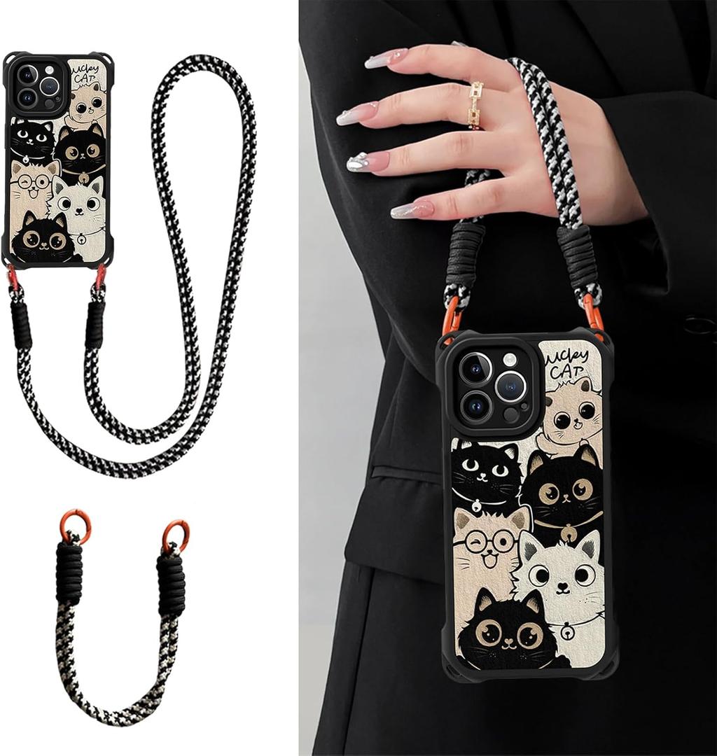 Case for iPhone 13 with Strap Lanyard Cartoon Cat Leather Touch Secure Grip Comfortable Cover for Girl Crossbody Strap Included (iPhone 13)
