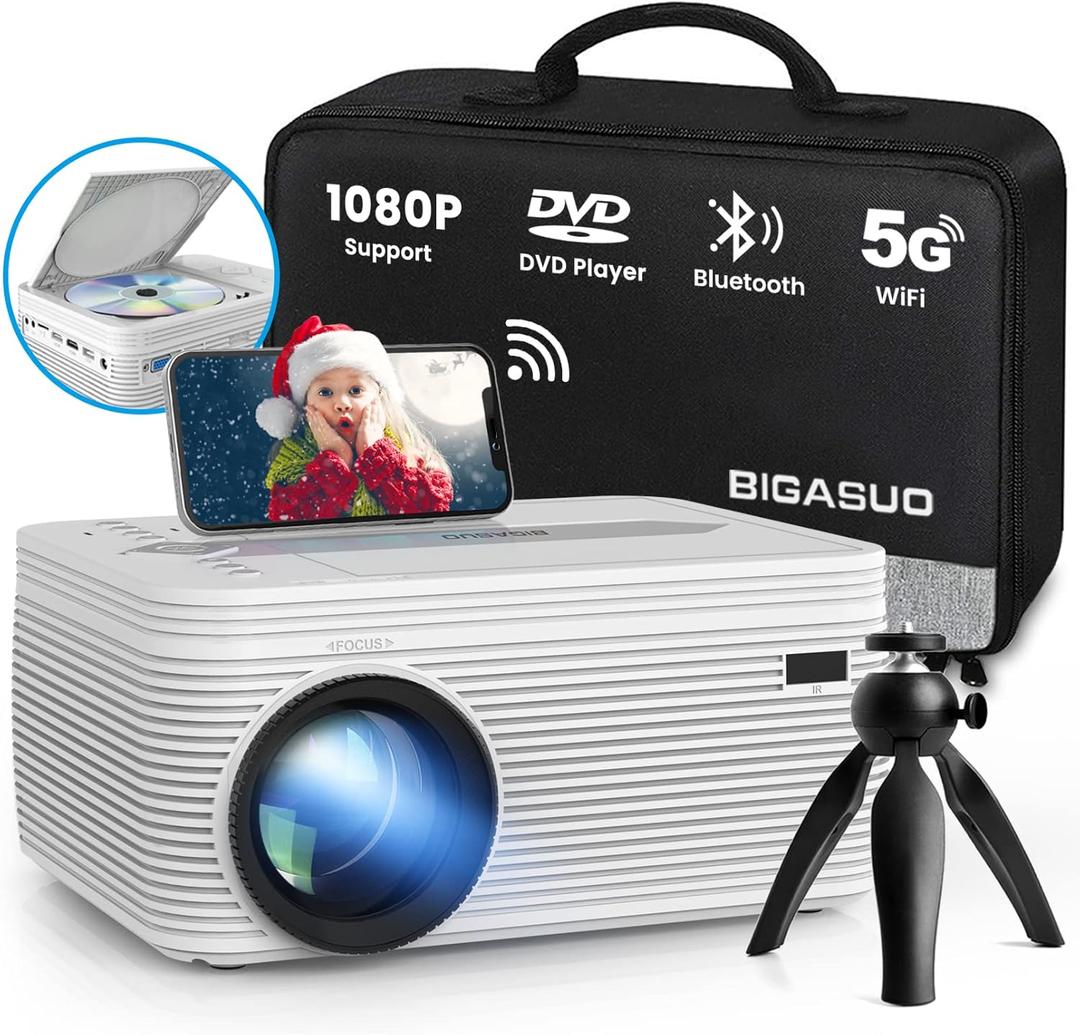 BIGASUO 5G WiFi Bluetooth Projector with DVD Player - 9000L Mini Portable DVD Projector with Tripod, 1080P, Carry Bag, Compatible with Phone, Lapto, HDMI, TV Stick