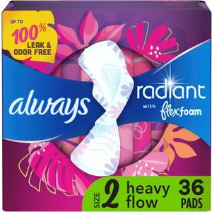 Always Radiant Feminine Pads for Women, Flexfoam Pads with Wings, Size 2, Heavy Absorbency, Lightly Scented, 36 Count (Packaging May Vary)