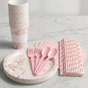 250 Pcs Pink Paper Plates and Napkins - 50 Guest Light Pink Party Supplies Include Scalloped Plates Cups Plastic Spoons Forks Knives for Baby Shower Birthday Party