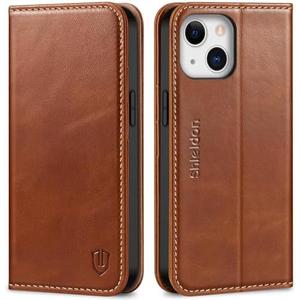 SHIELDON Wallet Case for iPhone 13 5G, Genuine Leather Folio Case Magnetic Shock Absorbing Cover RFID Blocking Credit Card Holder Kickstand Compatible with iPhone 13 6.1" 2021 - Retro Brown