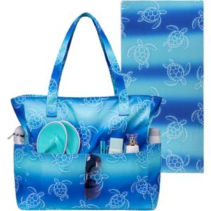Waterproof Beach Tote Pool Bags for Women Ladies Extra Large Gym Tote Carry On Bag With Wet Compartment for Weekender Travel (2 Pcs Beach Bag With Towel-Turtle Blue)