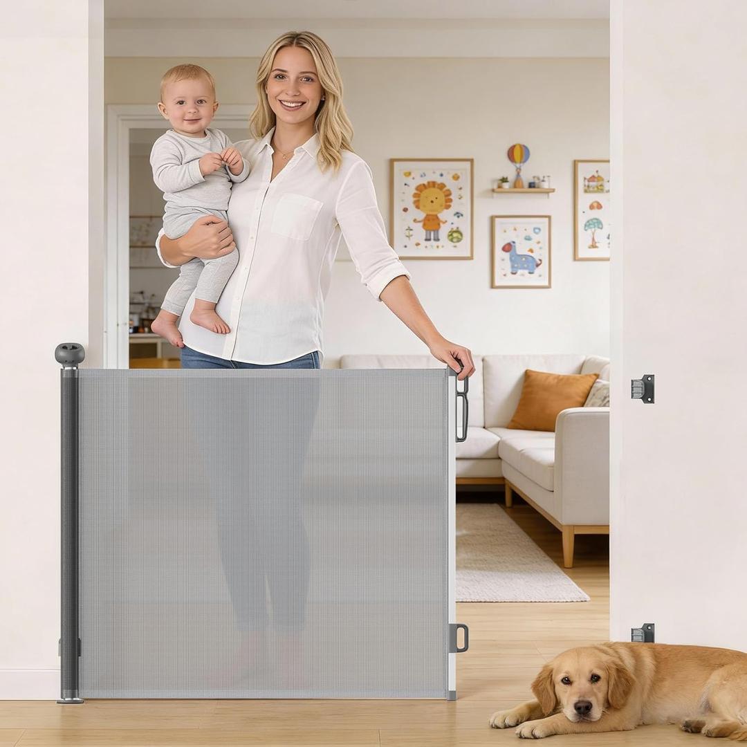 Scalable Safety Door, pet/Dog/cat Temporary Door, Baby Safety gate, mesh Soft Material, Expands to 71" Wide, Suitable for Stairs/doorways/corridors/terraces(Grey,33.5"x71") (Gray)