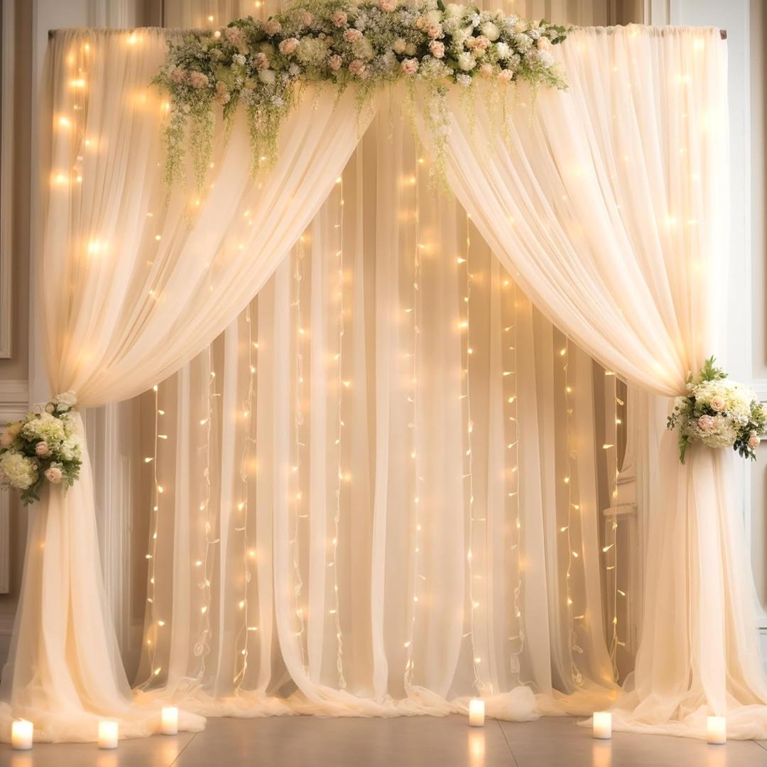 20x8ft Champagne Tulle Backdrop Curtain with Lights String for Parites, Sheer Backdrop Curtains for Wedding Baby Shower Birthday Party Photo Shoot Decorations (20ft x 8ft(4 Panels 5*8ft))