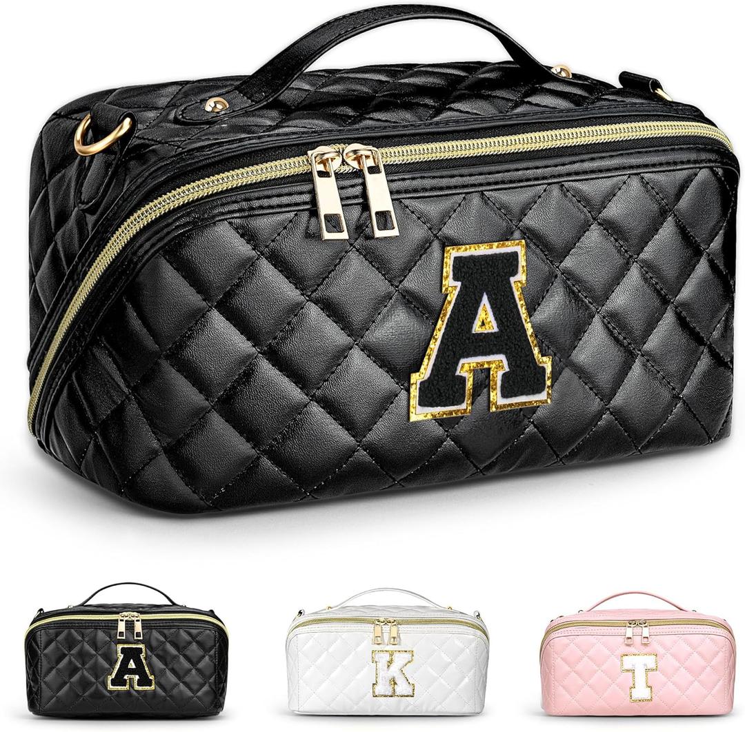 TOPEAST Initial Makeup Bag for Women, Travel Cosmetic Bag Cute Makeup Pouch, Lay Flat Black Make Up Bag, Girls Toiletry Bag with Handle, Personalized Birthday Gifts for Women, A
