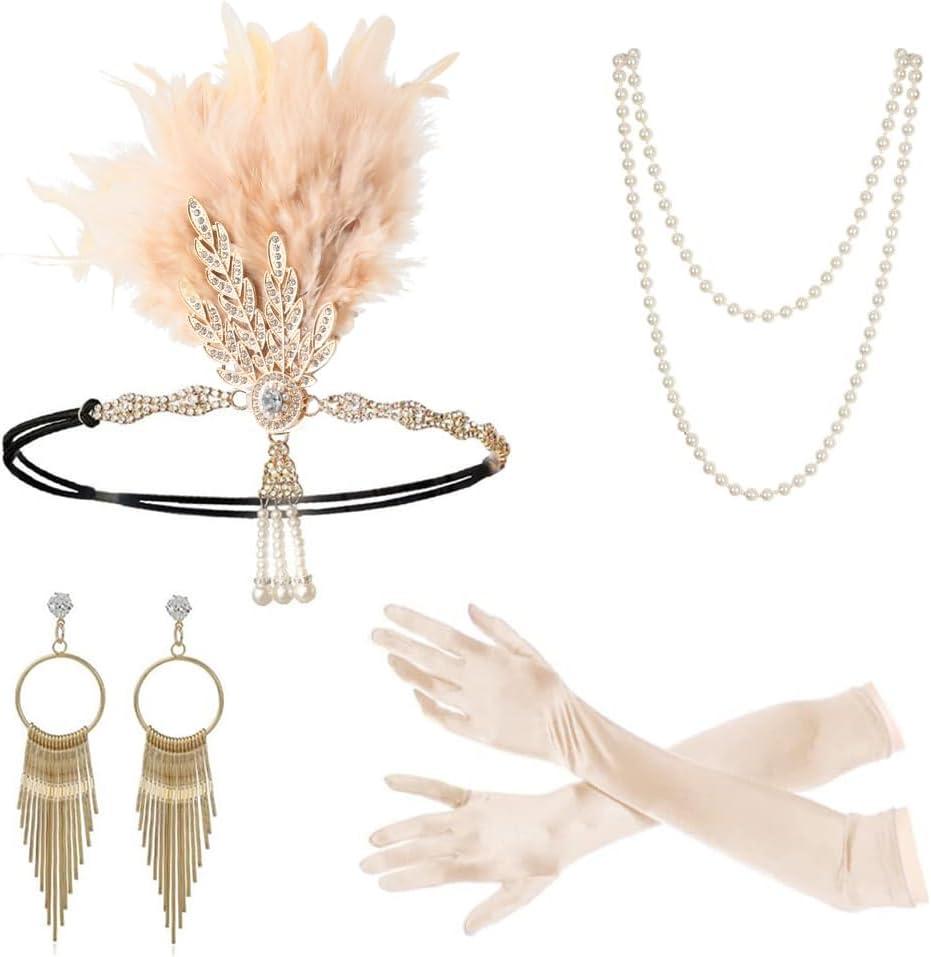 Gionforsy 1920s Flapper Set Roaring 20s Gatsby Accessories for Women Feather Headband 1920s Flapper Girl Accessories (Beige)