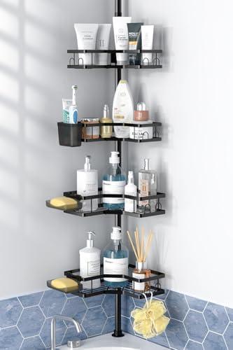 Aitatty Corner Shower Caddy Tension Pole: 4tier Adjustable Rustproof Bathroom Organizer Shelves - Bathtub Shampoo Rack 43.5-120 inch, Black