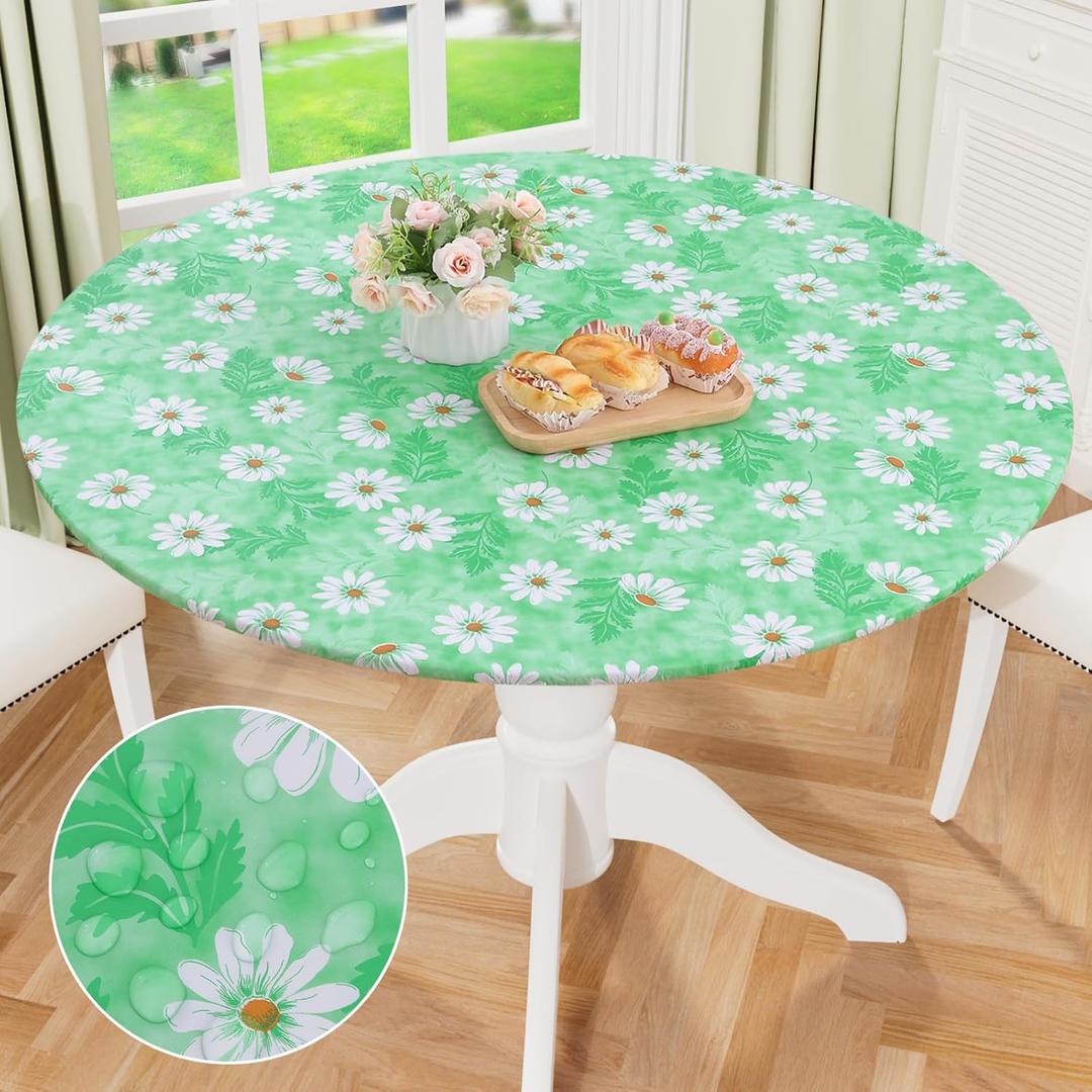 misaya Round Fitted Tablecloth with Elastic Edge, 100% Waterproof Oil Proof Plastic Table Cover, Vinyl Flannel Backed Tablecloth Fits 36"-44" Round Tables for Dinner, Outdoor, Picnic, Green Daisy