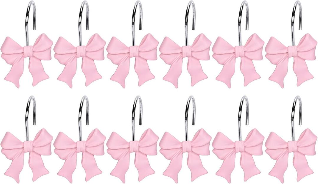 Whaline 12Pcs Pink Bow Shower Curtain Hooks Cute Coquette Bow Curtain Rings Decorative Resin Curtain Hanger Hooks for Living Room Bedroom Bathroom Decor
