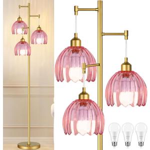 Vintage Floor Lamps for Living Room Bedroom-3 Light Glass Floor Lamp with Three Led Bulb, Tall Flower Floor Lamp Gold Mid Century Modern Standing Lamp Tree Floor Lamps for Living Room Bedroom Corner