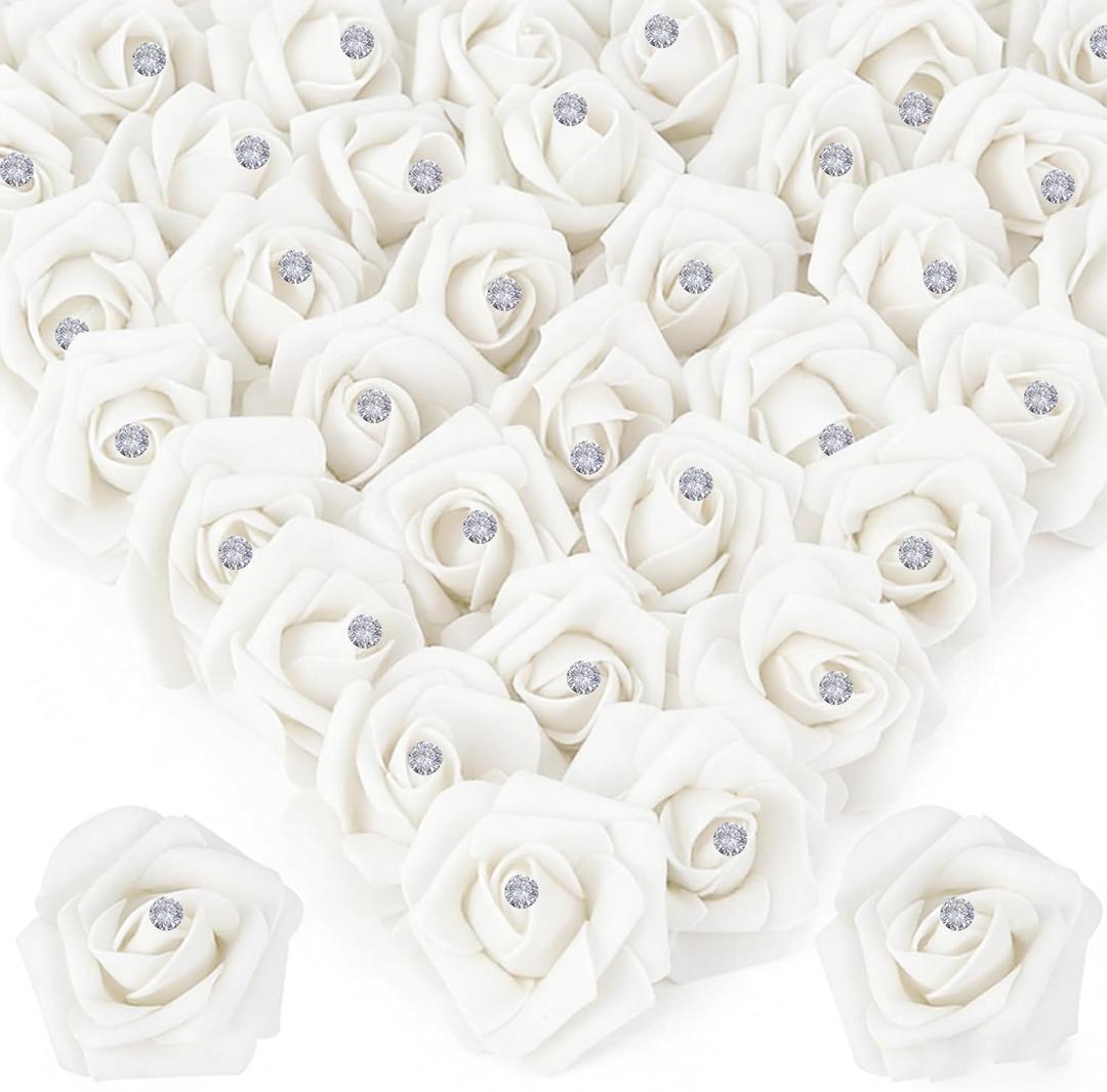 100Pcs Real Looking White with Diamonds Artificial Rose Flower Heads, Foam Fake Roses for DIY Wedding Decorations Baby Shower Centerpieces Home Party Valentine's Day Mother's Day Decor